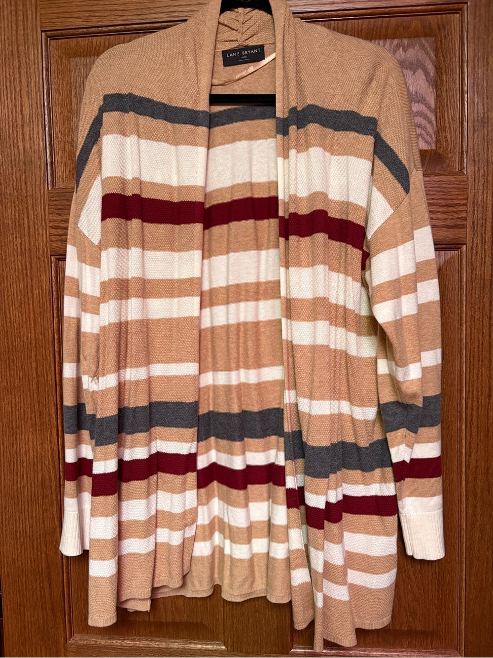 Lane Bryant Women's Striped Open Front Cardigan - Camel/White/Gray/Burgundy